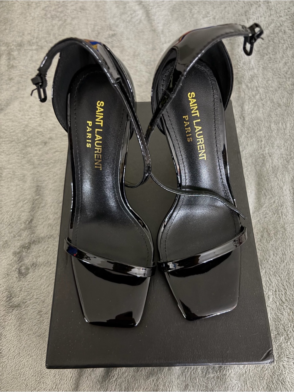 Saint Laurent Black Patent Leather Strappy Square-Toe Heels